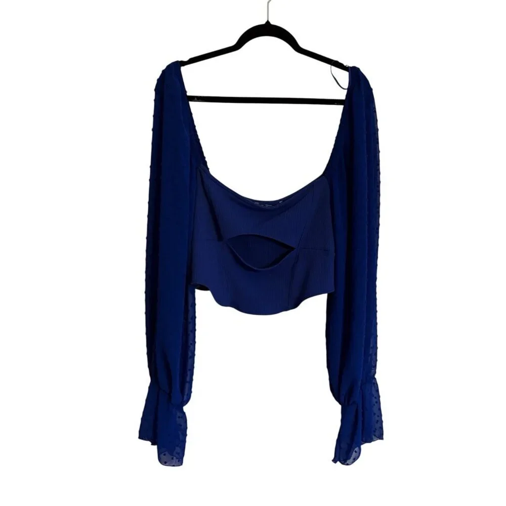Urban Outfitters Women XXL Blue Puff Sleeve Cutout Mirabel Bustier Crop Blouse